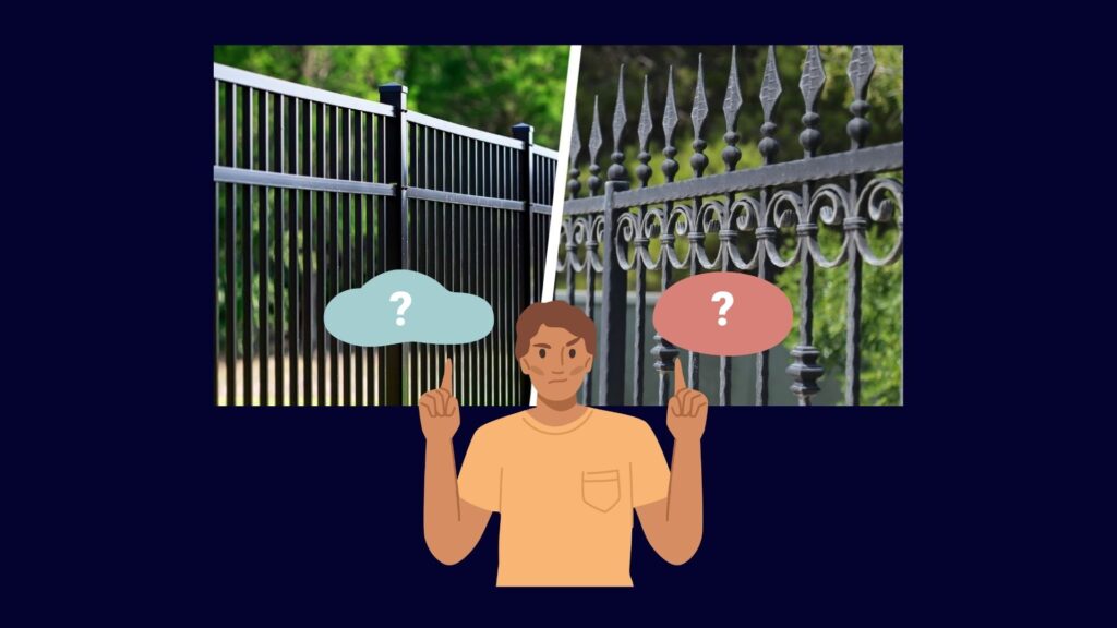 M.A.E Contracting crew installing aluminum fence panels beside wrought iron gate